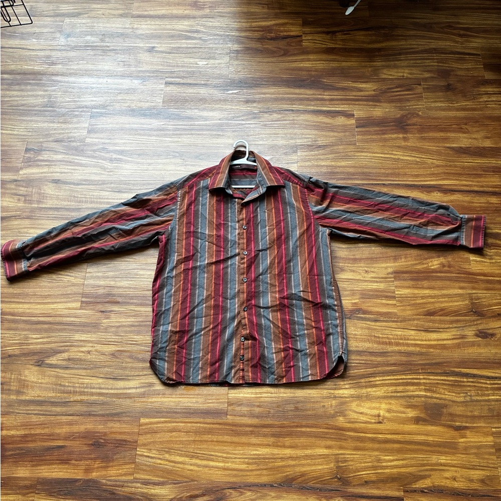 Perry Ellis Red and Gray Striped Casual Shirt